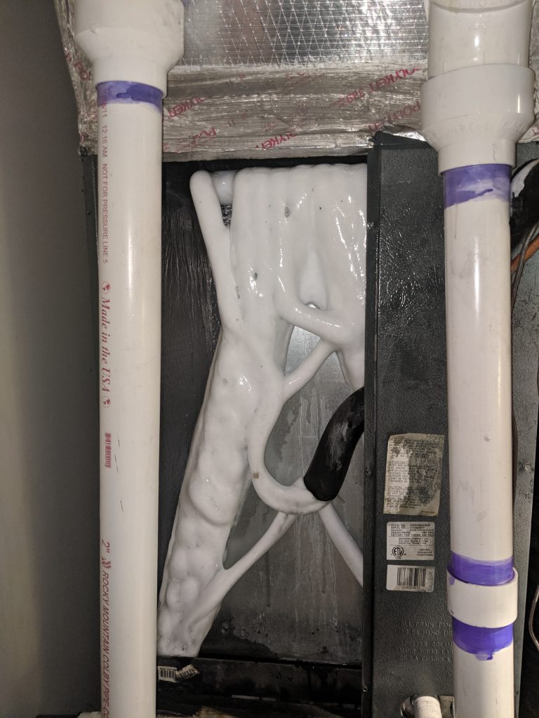 HVAC furnace, evaporator coil, frozen in ice